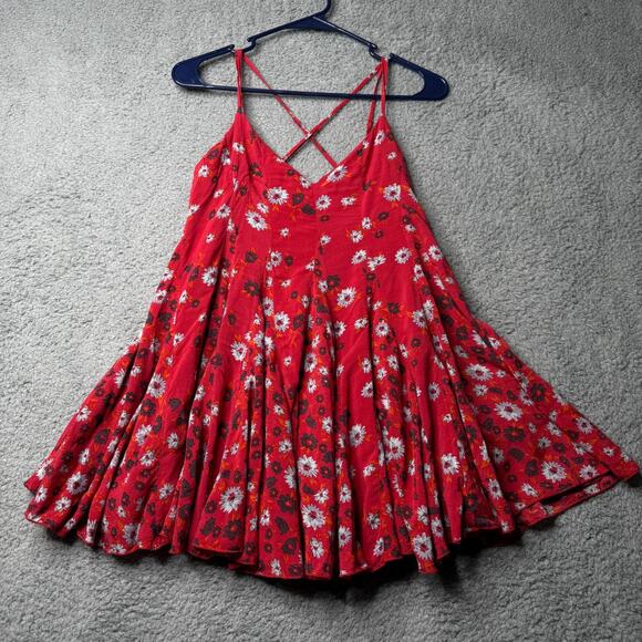 Free People Dress Women's Size 0 Red Floral Sleeveless Crossback Mini - Picture 1 of 5
